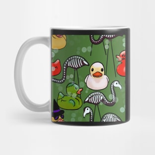 Spooky Halloween Rubber Ducks and Pink Flamingo Skeletons Frankenstein Green Mug